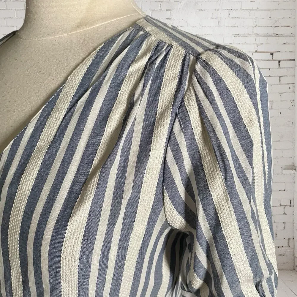 Madewell Plaza Blouse Size S Blue Stripe Button Up Shirt Puffed Sleeve‎ Preppy